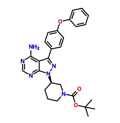 CAS 1022150-11-3 (R)-terc-butyl 3-(4-amino-3-(4-fenoxyfenyl)-1H-pyrazolo[3,{ {10}}d]pyrimidín-1-yl)-piperidín-1-karboxylát